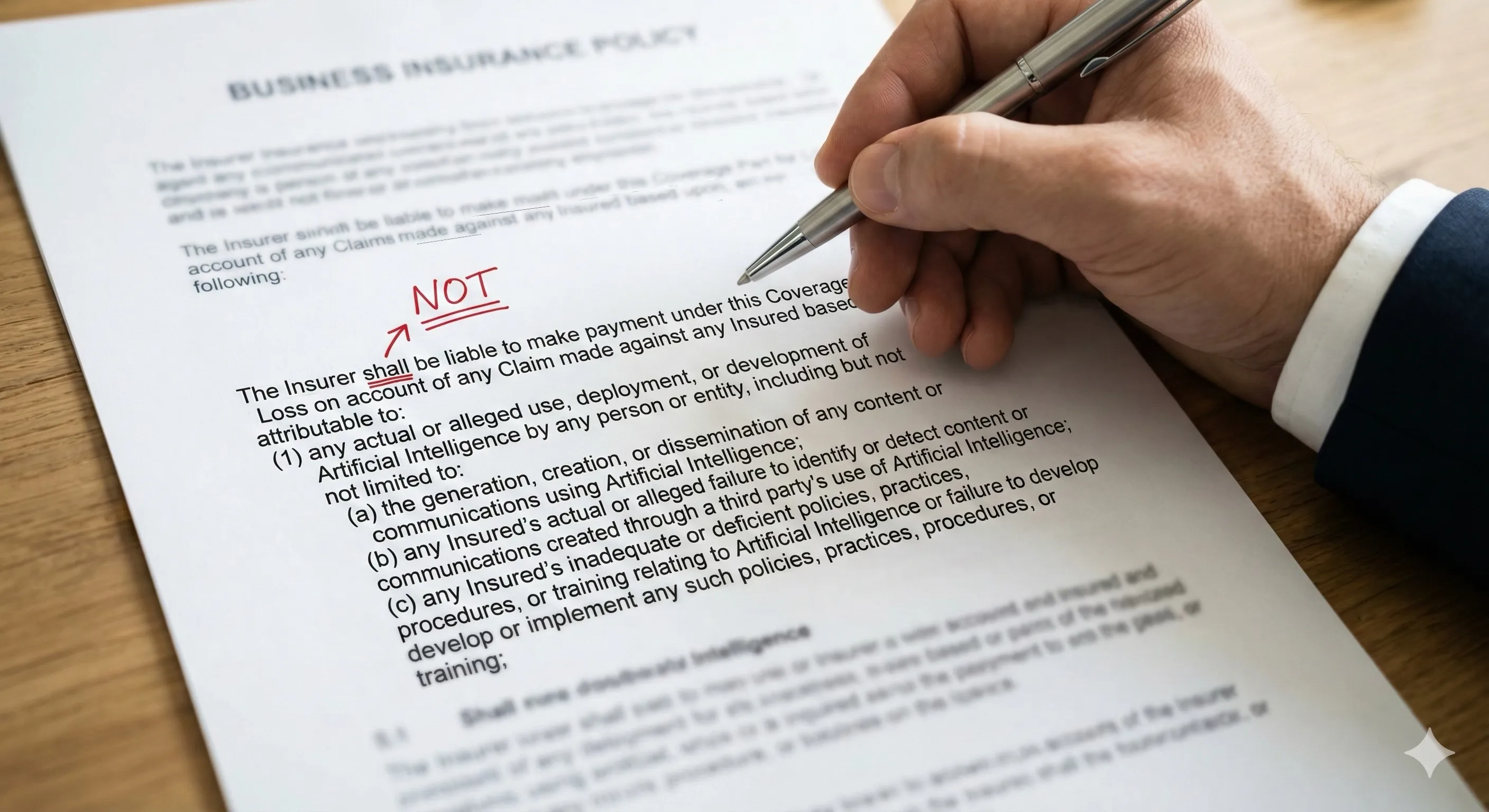 Hand holding a pen over a business insurance policy with AI exclusion clauses highlighted in red
