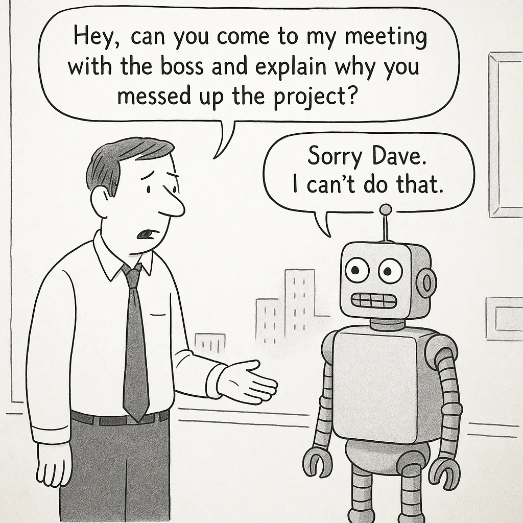 Cartoon of a man asking a robot to explain a project failure to the boss; the robot refuses