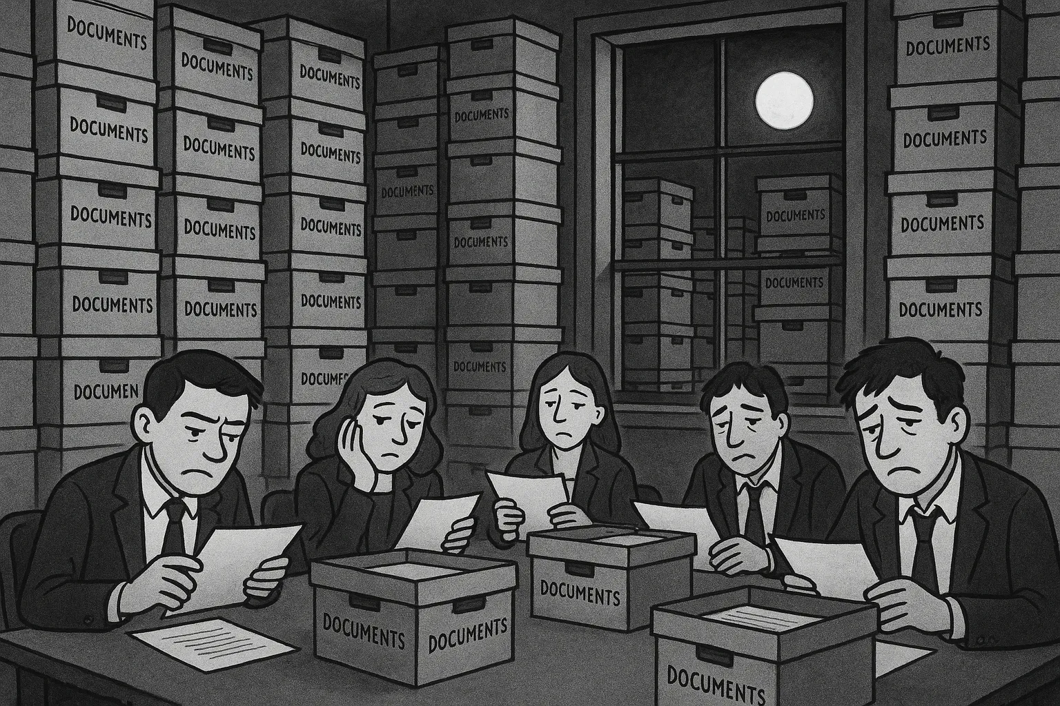 Grayscale cartoon of five weary office workers sorting through stacks of document boxes late at night
