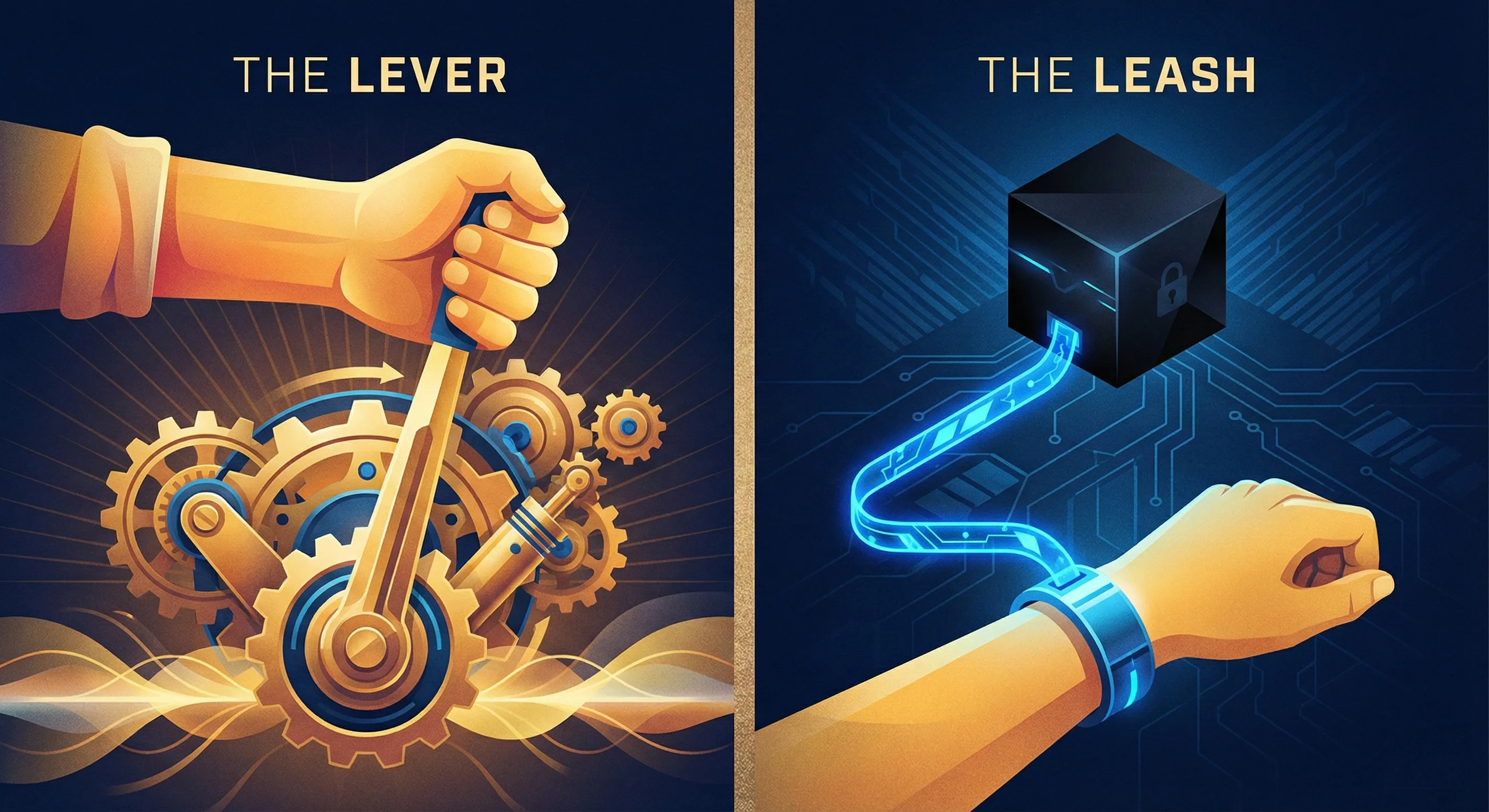 Split illustration contrasting The Lever showing mechanical gears and The Leash showing a digital tether