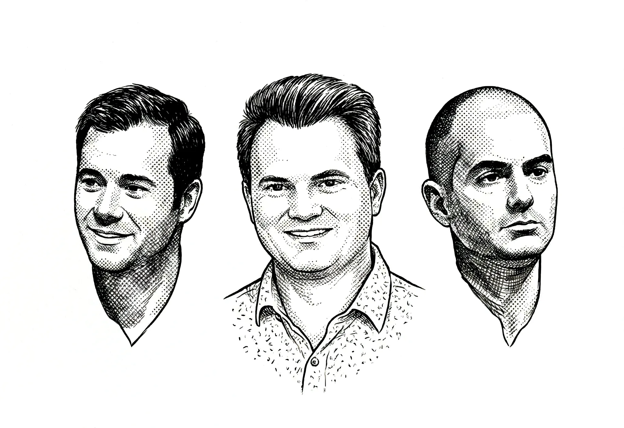 Black-and-white ink portrait illustrations of three men, drawn in a halftone editorial style