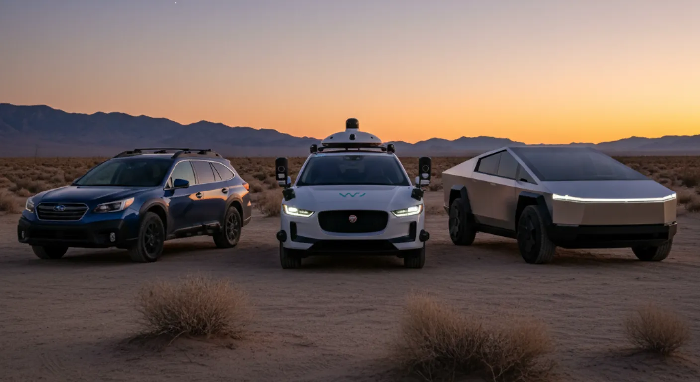 Three vehicles in a desert at sunset: a Subaru SUV, a Waymo autonomous vehicle, and a Tesla Cybertruck