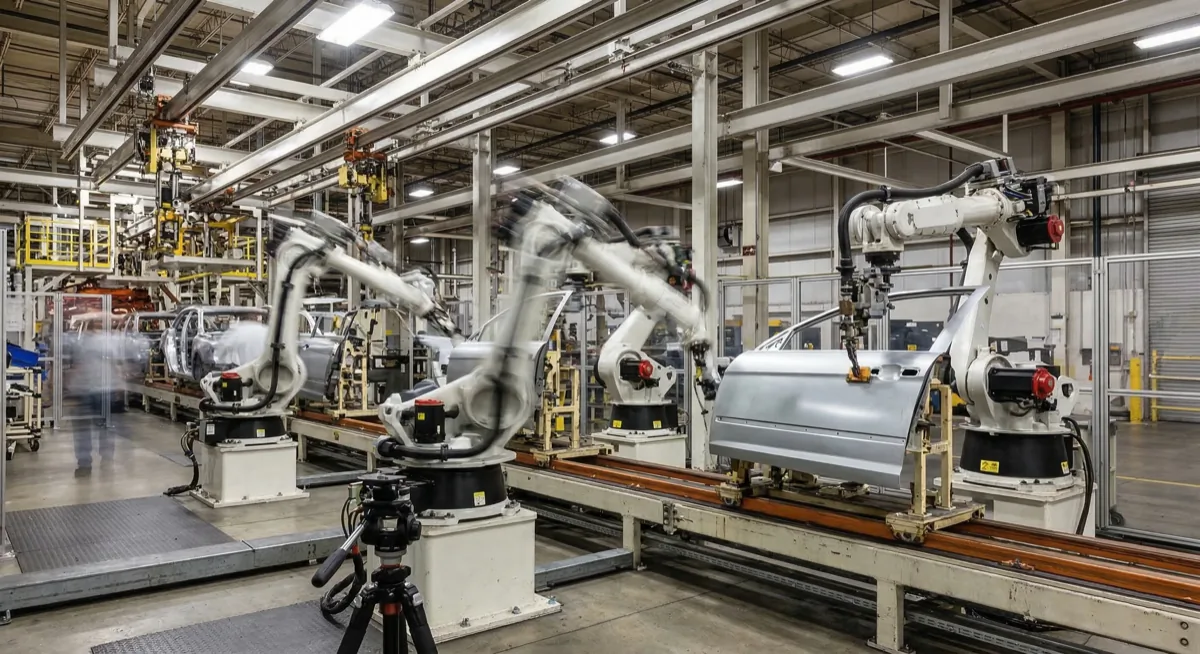 A robotic arm halted by an unexpected obstacle in its workspace.
