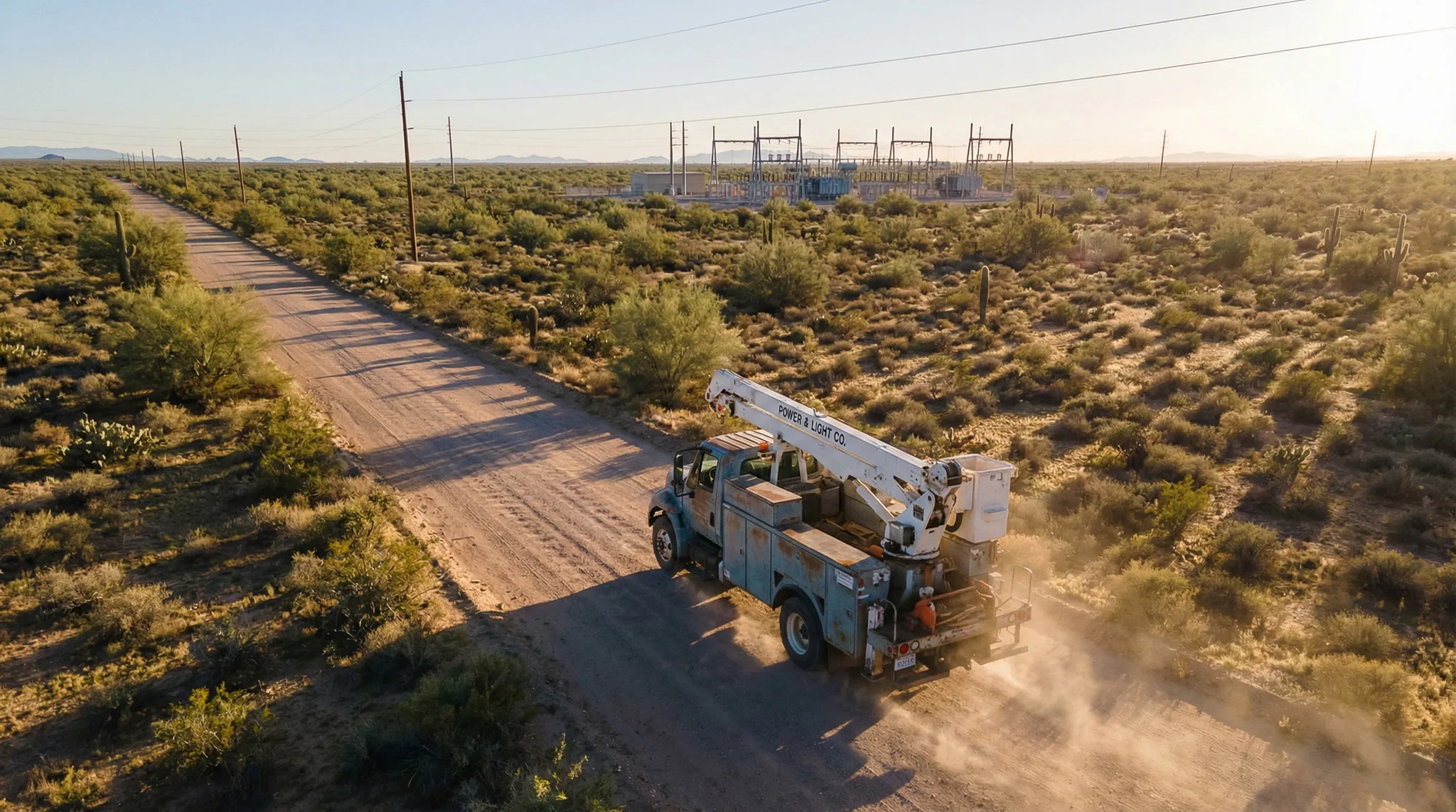 Aerial view of a utility bucket truck driving on a desert dirt road near a power substation