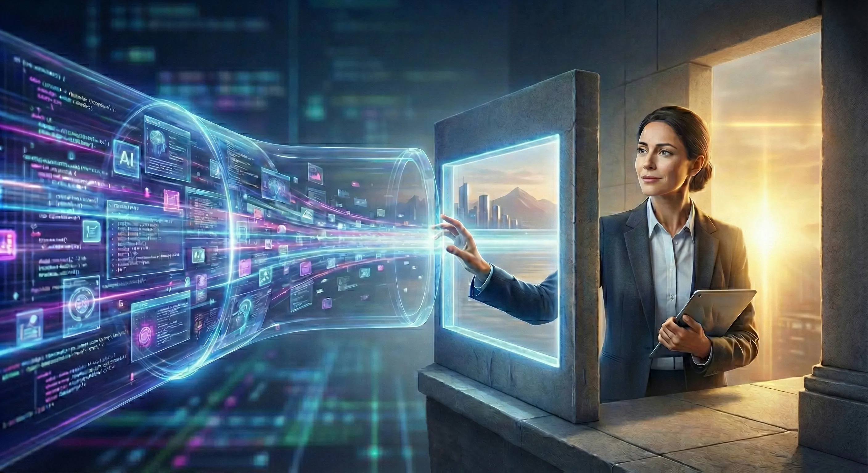 Businesswoman holding a tablet and touching a futuristic holographic AI data interface