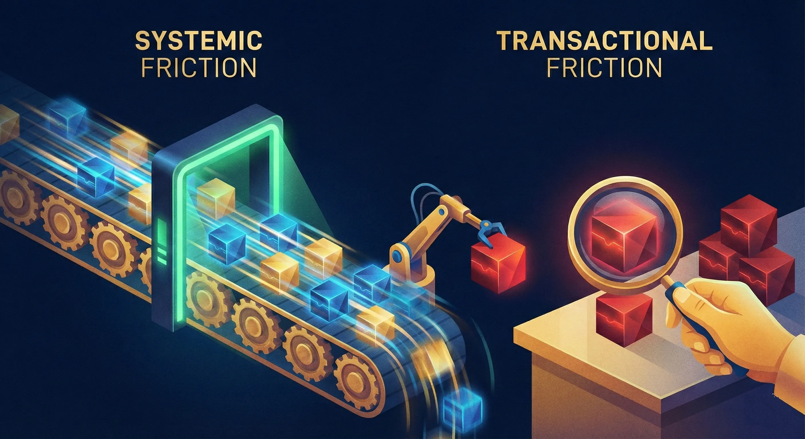 Illustration contrasting systemic friction on a conveyor belt with transactional friction under a magnifying glass