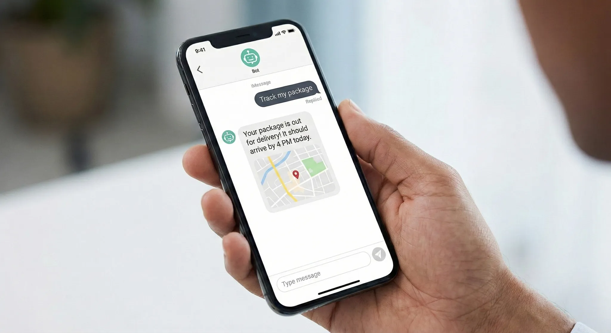 Person holding a smartphone displaying an AI chatbot tracking a package delivery with a map