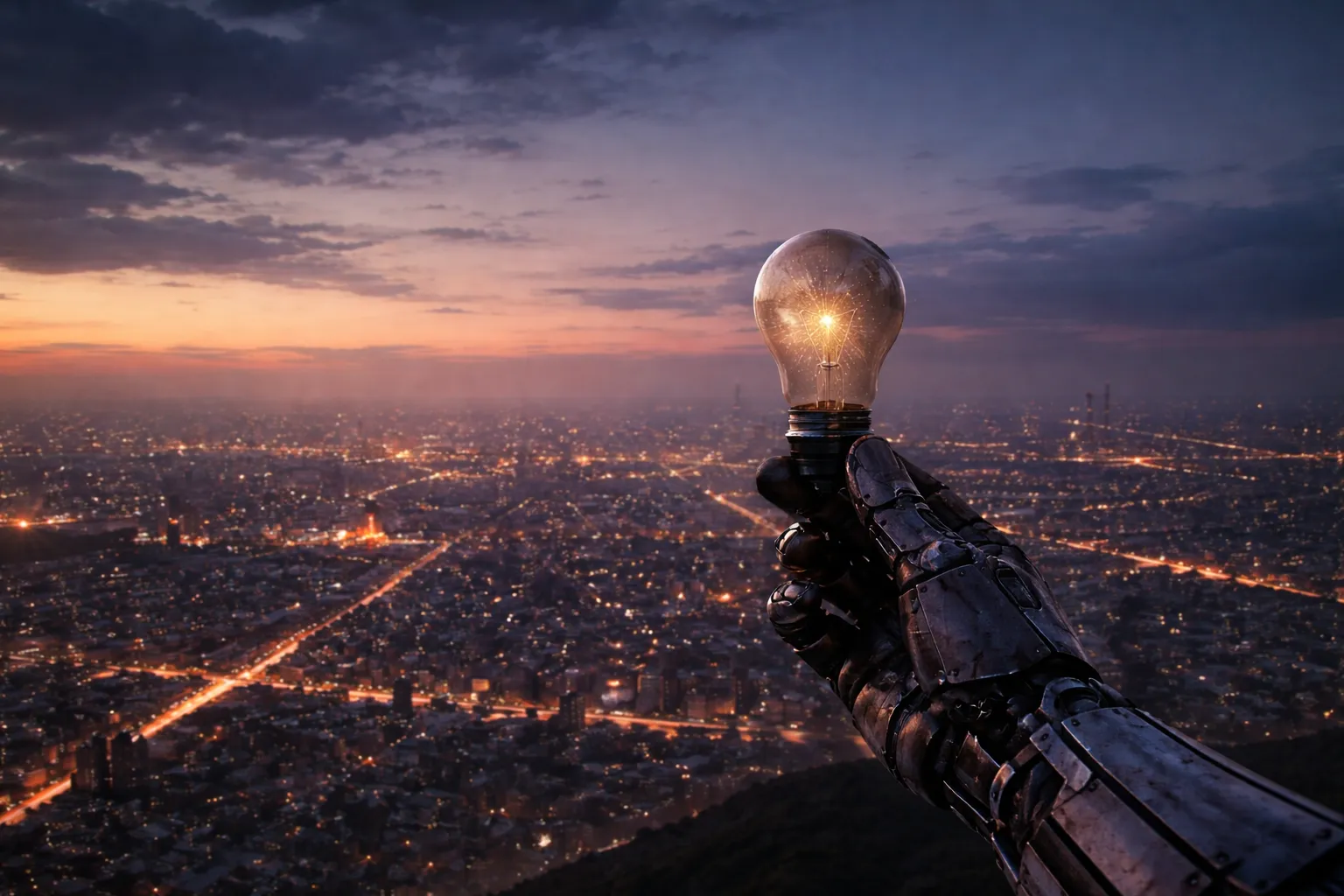 Robotic hand holding a glowing light bulb overlooking an illuminated cityscape at dusk