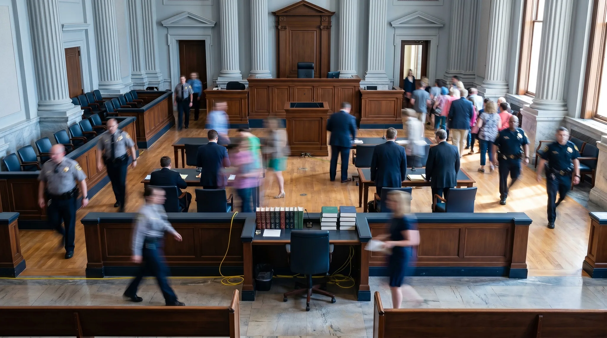 Empty courtroom with judge's bench and gallery seating