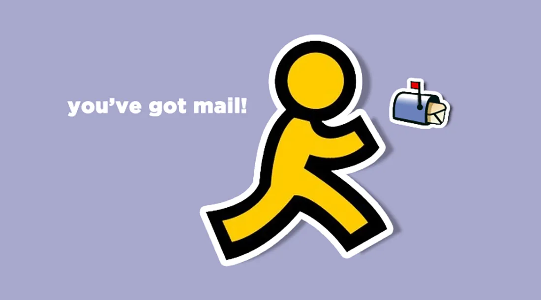 AOL Instant Messenger running man logo with you've got mail text and mailbox icon on purple background