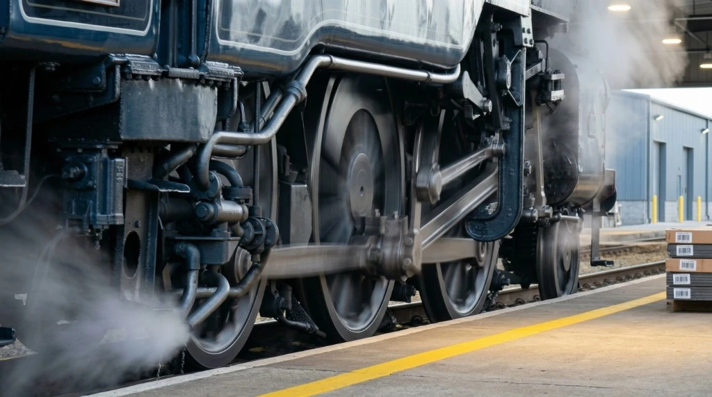 Side view of train wheels and steam