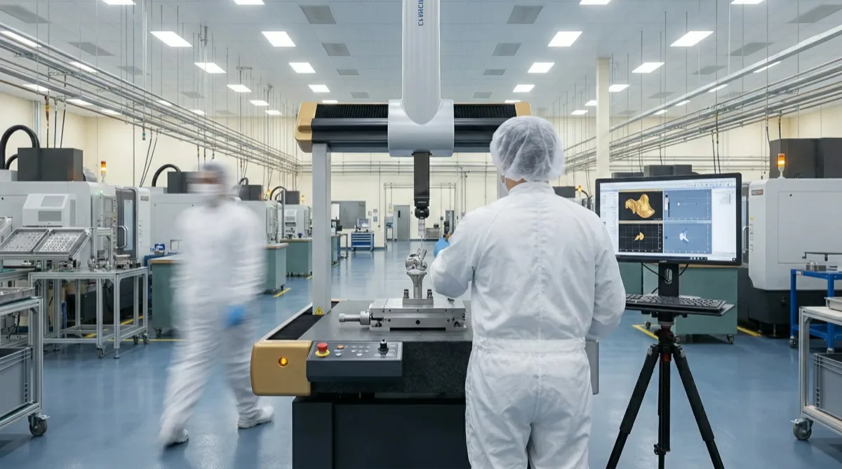 Technicians in cleanroom suits operating precision inspection equipment in a high-tech manufacturing facility