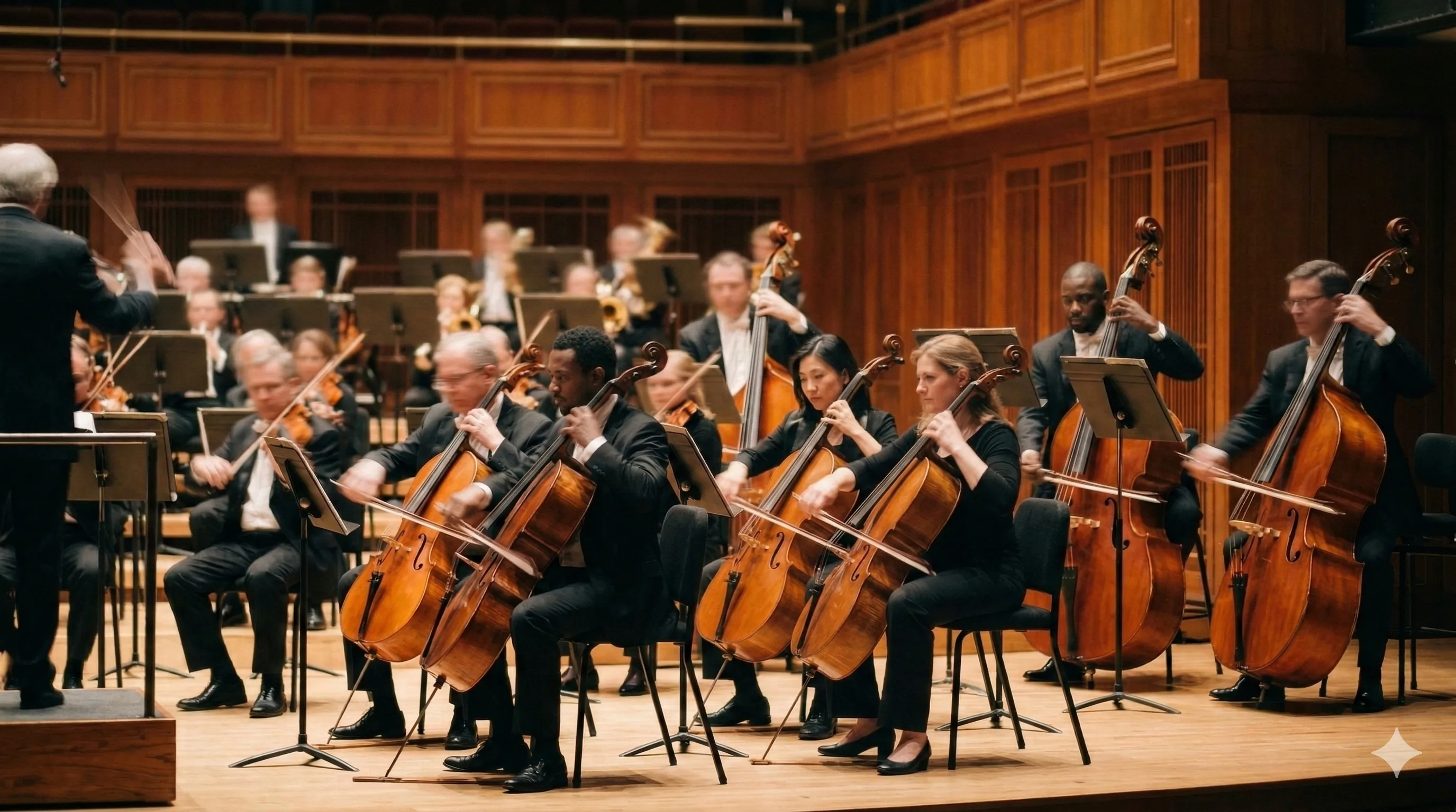 Orchestra cello and bass section performing on a wooden concert hall stage with musicians in formal attire