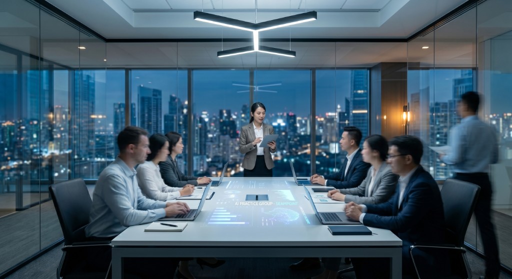 A leadership team in a glass-walled conference room reviewing AI practice group metrics